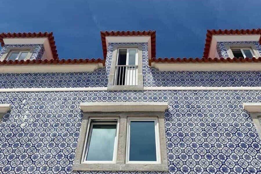 Traditional Portuguese house in Cascais made with blue tiles, near Praia da Rainha in Cascais