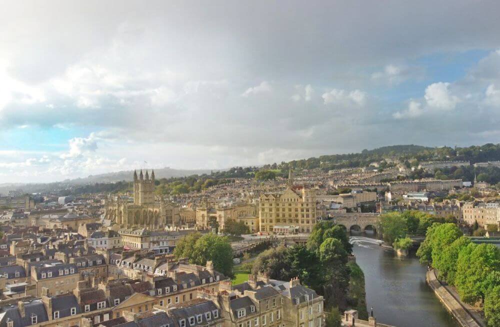City of Bath in England shot from above with a drone. Activities for perfect weekend in Bath 